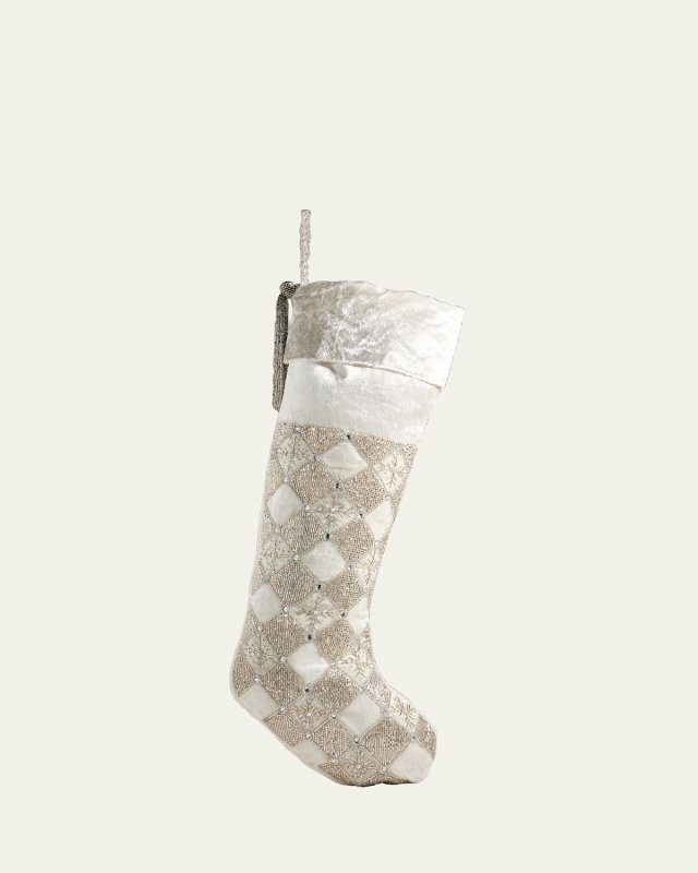 Silver Beaded Grid and Snowflake Christmas Stocking